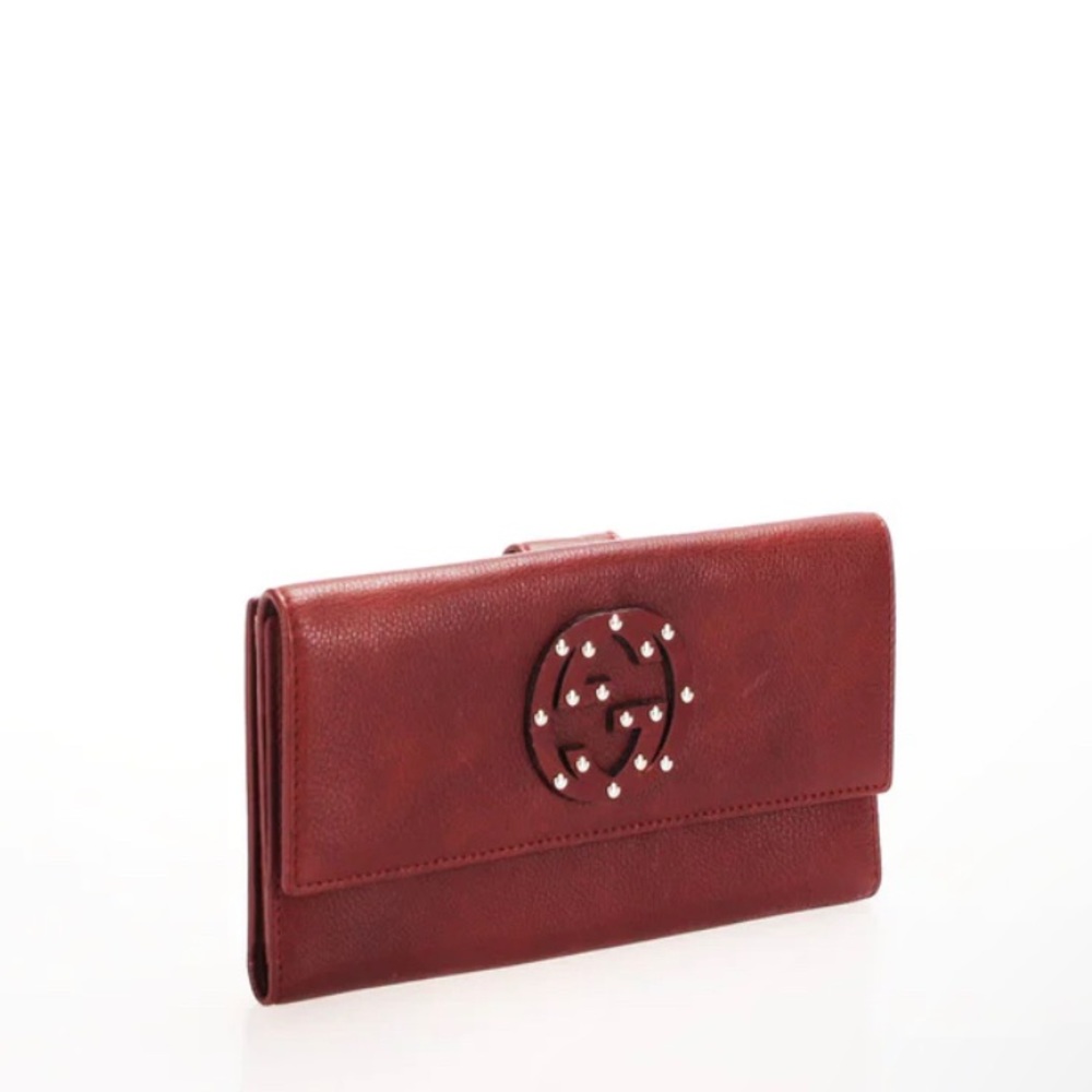 🆕GUCCI Red Leather GG Stud Interlocking Wallet
